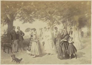 Fotoreproductie van een schilderij van flanerende vrouwen en mannen in een park