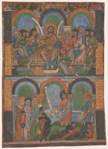 Fragment van een liturgisch boek: het Laatste Avondmaal en de drie vrouwen bij het lege graf door Anonymous
