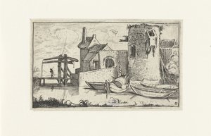 Gebouw met vervallen toren bij een ophaalbrug door Anonymous
