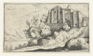 Gebouwen op een rots bij een rivier door Anonymous