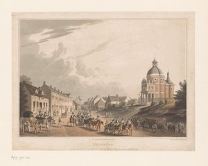 Gezicht op Waterloo waar Franse troepen een kanon verplaatsen