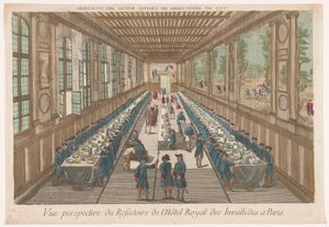 Gezicht op de eetzaal van het Hôtel des Invalides te Parijs met een gezelschap aan een maaltijd door Anonymous