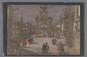 Gezicht op een triomfboog met een tweekoppige adelaar en een portretbuste van Jozef II, Duits keizer, te Frankfurt am Main door Anonymous