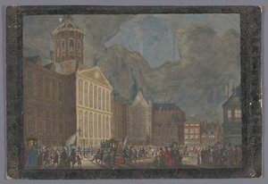 Gezicht op het Stadhuis te Amsterdam met de aankomst van Willem V en Wilhelmina van Pruisen op de Dam op 31 mei 1768