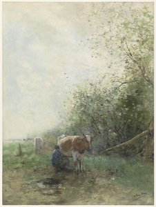 Herder en herderin met hun kudde rustend bij water door Anonymous