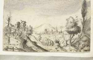 Heuvelachtig landschap met jager en ruïne