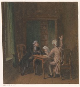 Interieur met twee mannen aan een tafel door Anonymous