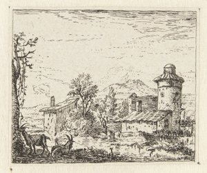 Italianiserend landschap met ronde toren en twee geiten door Anonymous