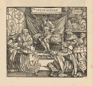 Julius Caesar in een raadsvergadering en Cicero schrijvend achteraan door Anonymous