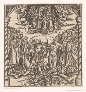 Knielende engel een straal bloed van Christus en een straal melk van Maria in een kelk vangend door Anonymous