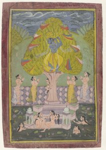 Krishna die de kleren van de Gopi