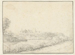 Landschap met een kasteel bij de oever van een rivier door Anonymous