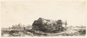 Landschap met huisjes en een hooischuur: langwerpig