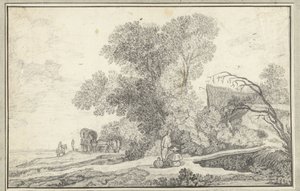 Landschap met boomgroep en huifkar