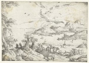 Landschap met brede rivier tussen heuvels