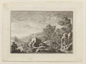 Landschap met drie mannen bij een beek door Anonymous