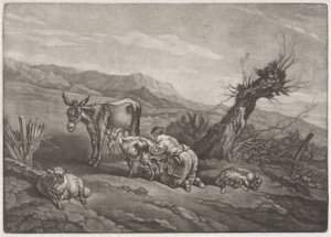 Landschap met een herderin die een geit melkt door Anonymous