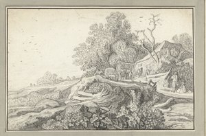 Landschap met een kar en figuren bij een boerderij door Anonymous
