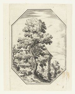 Landschap met grote boom in octagonaal kader door Anonymous