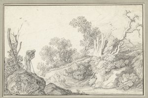 Landschap met kale boom en man met stok door Anonymous