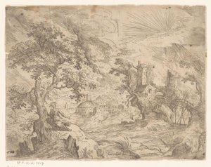 Landschap met rivier en bouwsel op rots