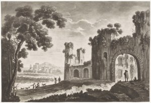 Landschap met ruïnes, herders en wandelaars door Anonymous