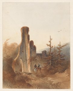 Landschap met twee ruiters bij een ruïne door Anonymous