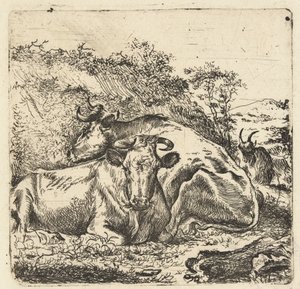 Landschap met twee rustende koeien door Anonymous