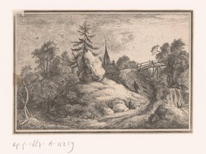 Landschap met waterval en een kerk