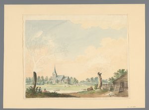 Landschap met zicht over weiland op een kerk