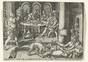 Lazarus bedelt aan de deur van de rijke man door Anonymous