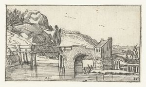 Man drijft een ezel richting een brug Landschappen naar Esaias van de Velde (series title) door Anonymous