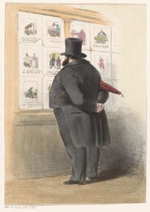 Man voor een etalage met prenten door Anonymous