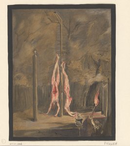 Nachtscène met de verminkte lichamen van de gebroeders De Witt aan de galg door Anonymous
