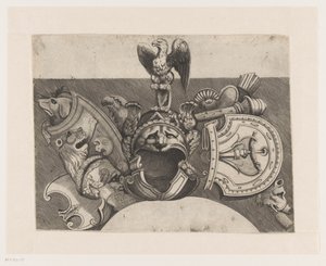 Ornament met helm, schild, arend en leeuw