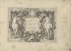 Ornamenteel cartouche met titel geflankeerd door paarden door Anonymous