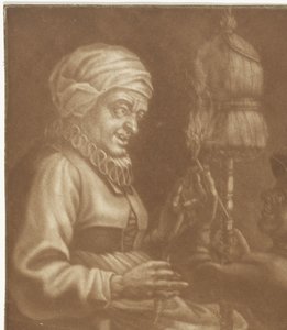 Oude vrouw met een spinrokken