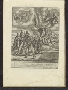 Pius V, Filips II, Alvise I Mocenigo, Sebastiano Vernier, Marcantonio Colonna en Don Juan van Oostenrijk knielend voor het Geloof