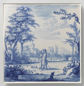 Plaat beschilderd met landschap met figuren door Anonymous