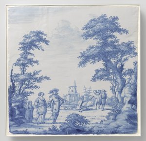 Plaat beschilderd met landschap met figuren door Anonymous