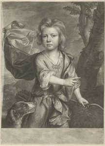 Portret van een wijzende jongen met boog en pijlenkoker