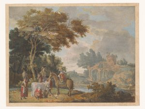 Reizigers en Landlieden in een Landschap met Antieke Ruïnes door Anonymous