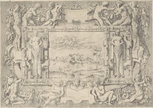 Rivierlandschap in ornamentale omlijsting door Anonymous