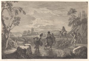 Rivierlandschap met overstekende figuren door Anonymous