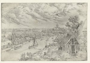 Rivierlandschap met trekschuit en netvissers