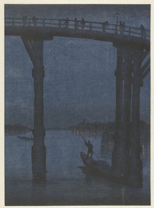Roeiboot onder brug door Anonymous