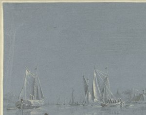 Schuiten op het water, op de voorgrond een roeibootje door Anonymous