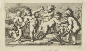 Spelende putti bij een fontein Spelende putti (serie titel) door Anonymous