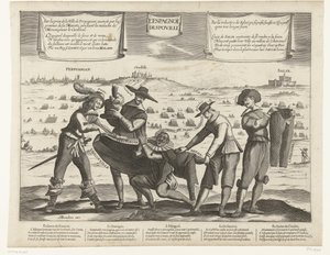 Spotprent op de Spanjaarden na het verlies van Breda, Thionville, Perpignan, Portugal en Catalonië, 1643