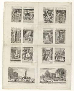 Spotprenten op de mode en twee gezichten op Amsterdam tijdens de overstromingen van 1775